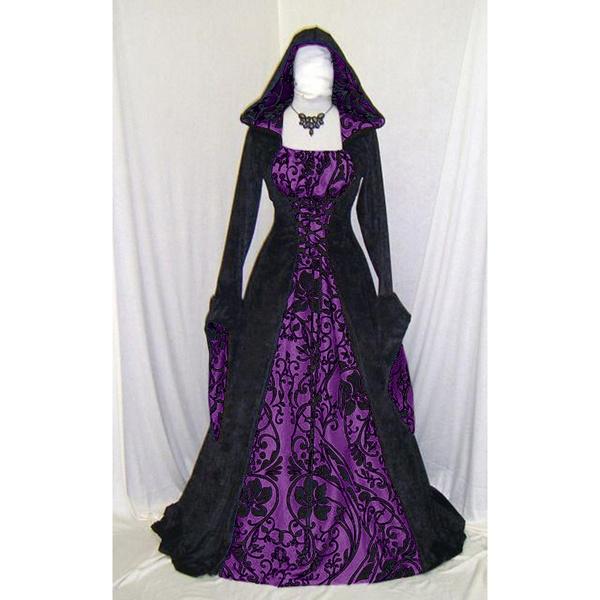 Damen Gothic Maxikleid Halloween Cosplay Kleider Retro Langes Mittelalterkleid L violett