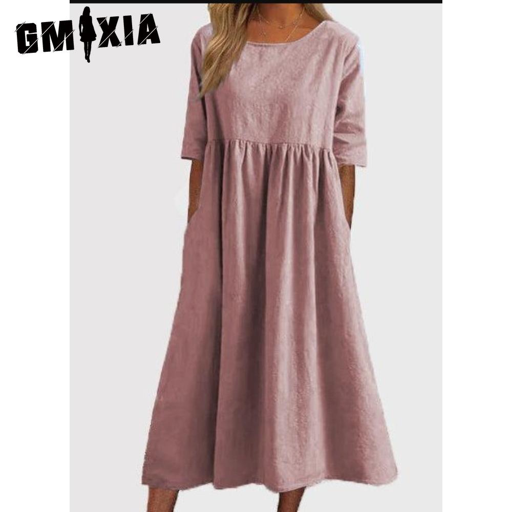 Frühling Sommer Damen O-Ausschnitt Kleid Lässig Locker Lange Kleider Übergrößen Kleider XXXXL rosa