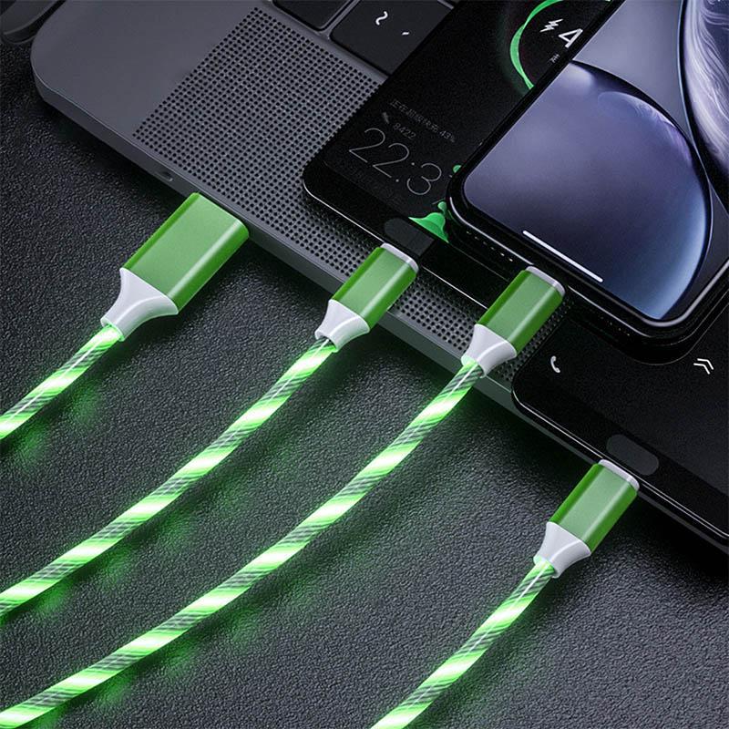 3 in 1 leuchtend fließendes Ladekabel, Micro-USB-Typ-C-Kabel, LED-Licht, Handy-Ladekabel für iPhone 13, 14, Xiaomi 11, 12, Samsung, OnePlus, Oppo grün