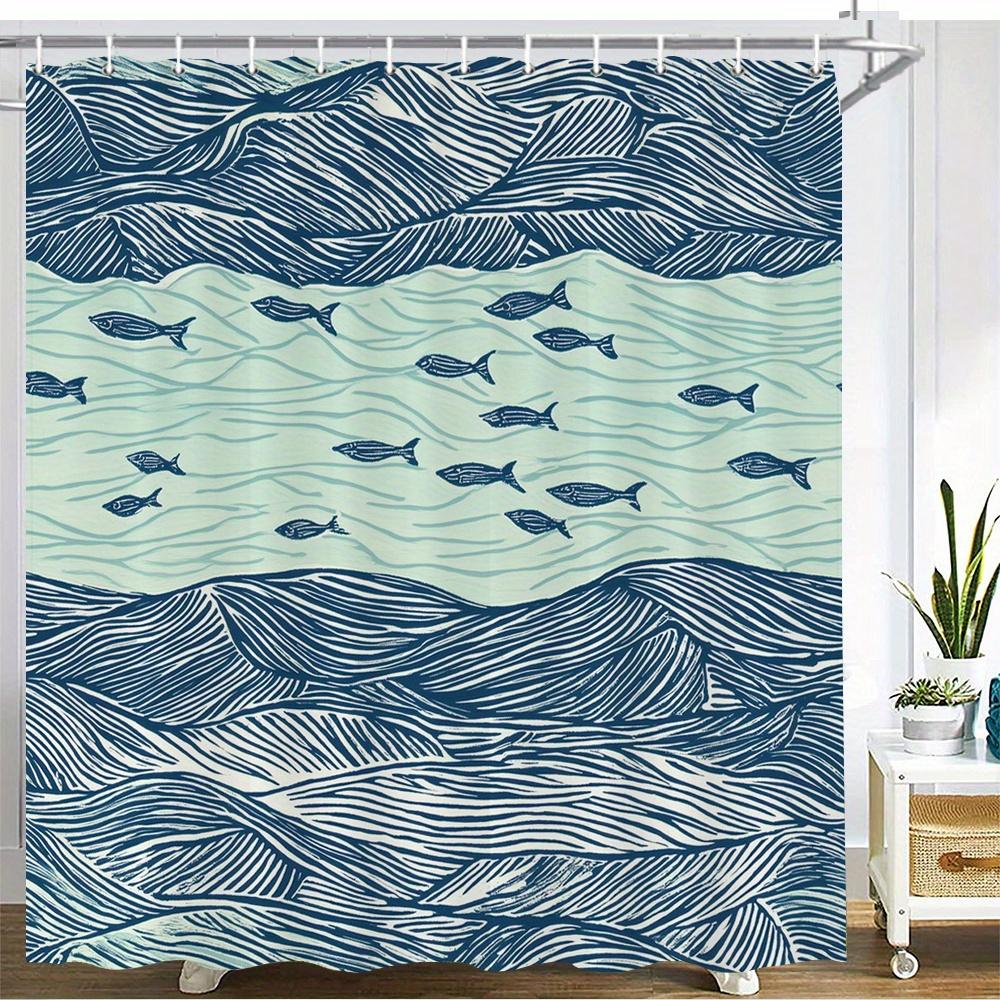 Fisch & Wellen Duschvorhang – Mehrschichtiges Meeresmuster: Tiefblaue Wellen, Minzgrünes Wasser, Marineblaue Fischsilhouetten, 12 Haken, W120H200(CM)-1 Pcs