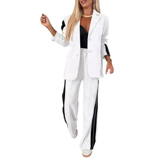 2-teiliges Set mit formellem Mantel und Hose für Damen, Umlegekragen, einreihig, langärmlig, Jacke, lockere, gestreifte Hose mit weitem Bein, lässige Alltagskleidung M weiß