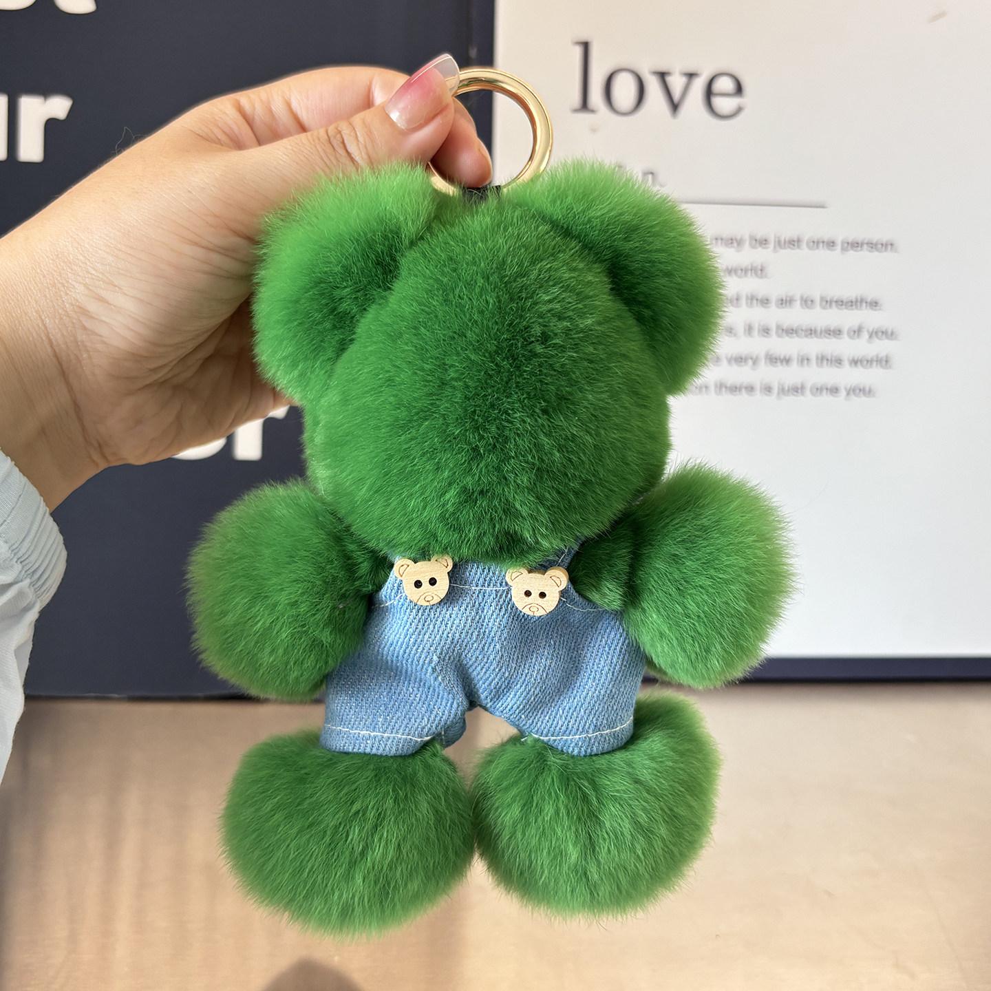 Flauschiger Bär Plüsch Schlüsselanhänger Anhänger Kaninchenfell Schlüsselanhänger Stofftier Schlüsselring für Damen Niedliche Puppe Taschenanhänger Rucksack Schlüsselanhänger Geschenk 15 cm green