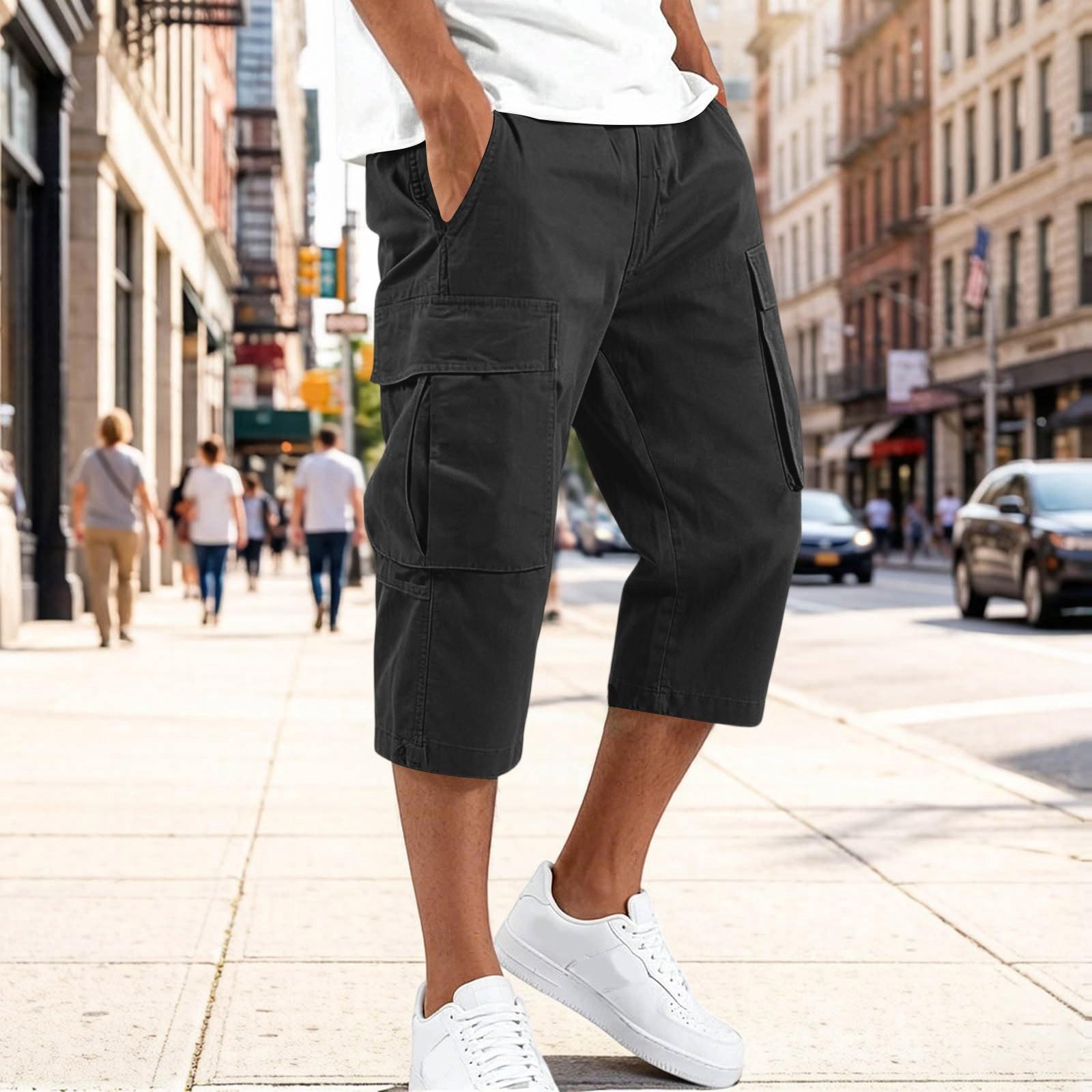 Herren Freizeit Capri-Hose mit Kordelzug und mehreren Taschen, lockere Passform, knielang, Utility Cargo-Hose für Outdoor und Alltag XXXL schwarz