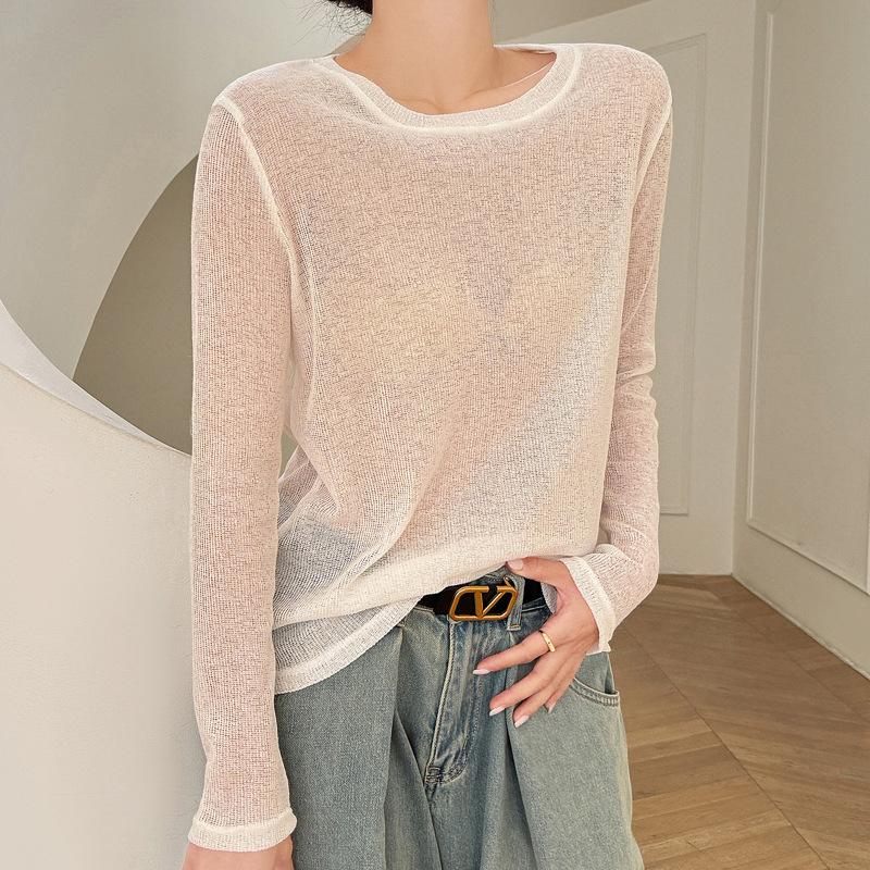 Sommer-T-Shirts für Damen, dünne Langarm-T-Shirts mit Rundhalsausschnitt, locker gestrickt, einfarbig, lässige T-Shirts One Size weiß