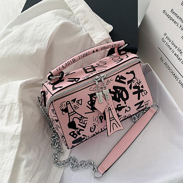 Frauen Graffiti Handtaschen Schulter Taschen Frauen Tasche Luxus Design Frauen Leder Handtaschen Und Geldbörse Mode Umhängetaschen Für 21X12X10.5CM rosa