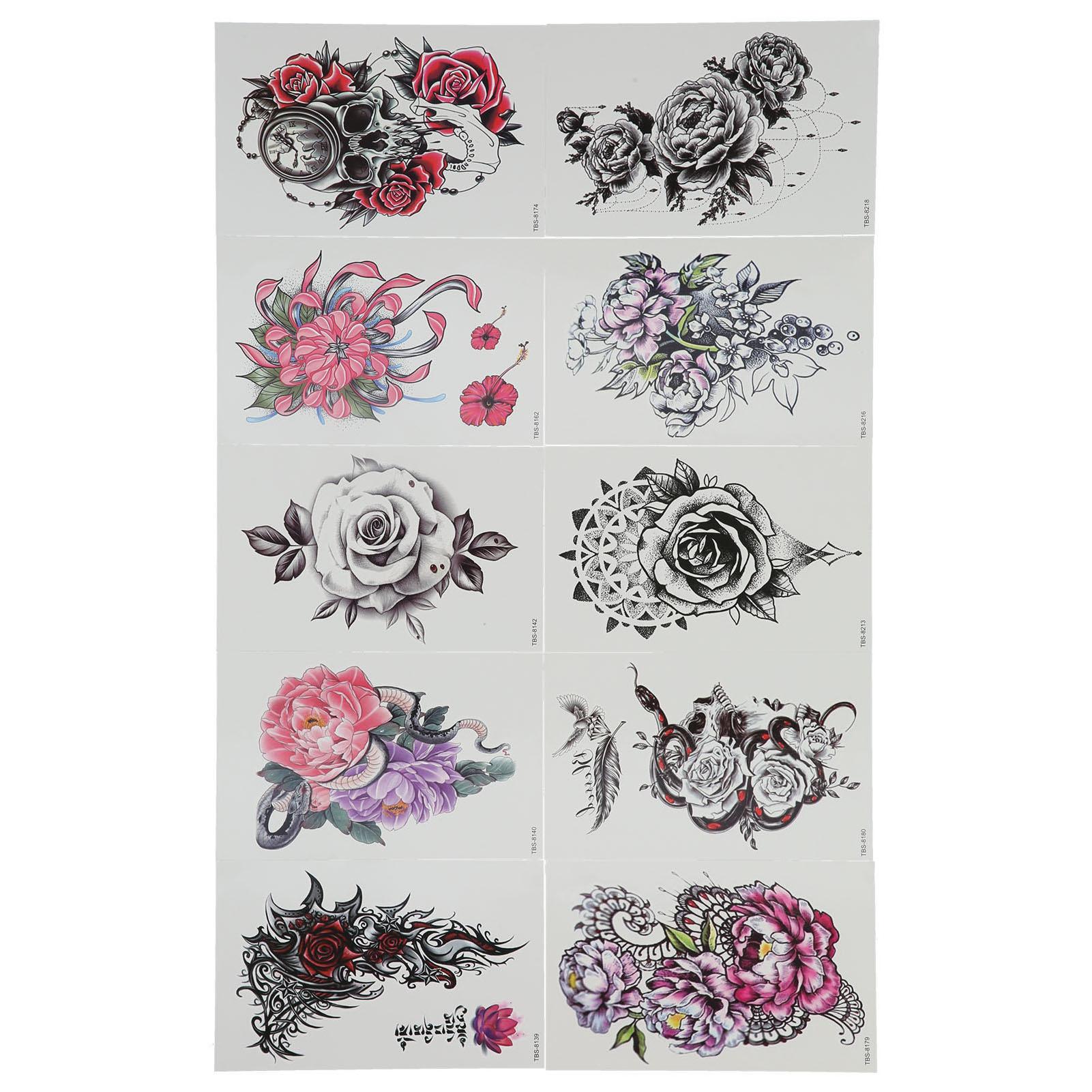 10 Blatt Wasserdichter Temporärer Tattoo-Aufkleber Frauen Blumenmuster Tattoo-Aufkleber Zubehör