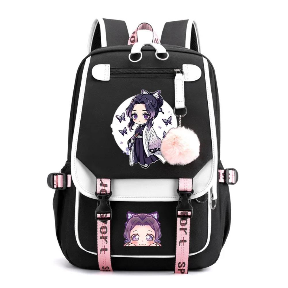 Niedlicher Kawaii Kochou Shinobu Muster Rucksack Teenager Street Anime Rucksack Kochou Shinobu Rucksack USB Rucksäcke schwarz
