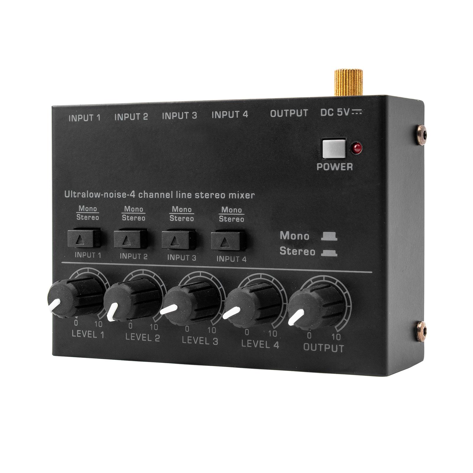 Extrem rauscharmer 4-Kanal-Line-Stereo-Mixer, 4 Eingänge, 1 Ausgang, DC 5 V, tragbarer Mini-Audio-Mixer EU Plug schwarz