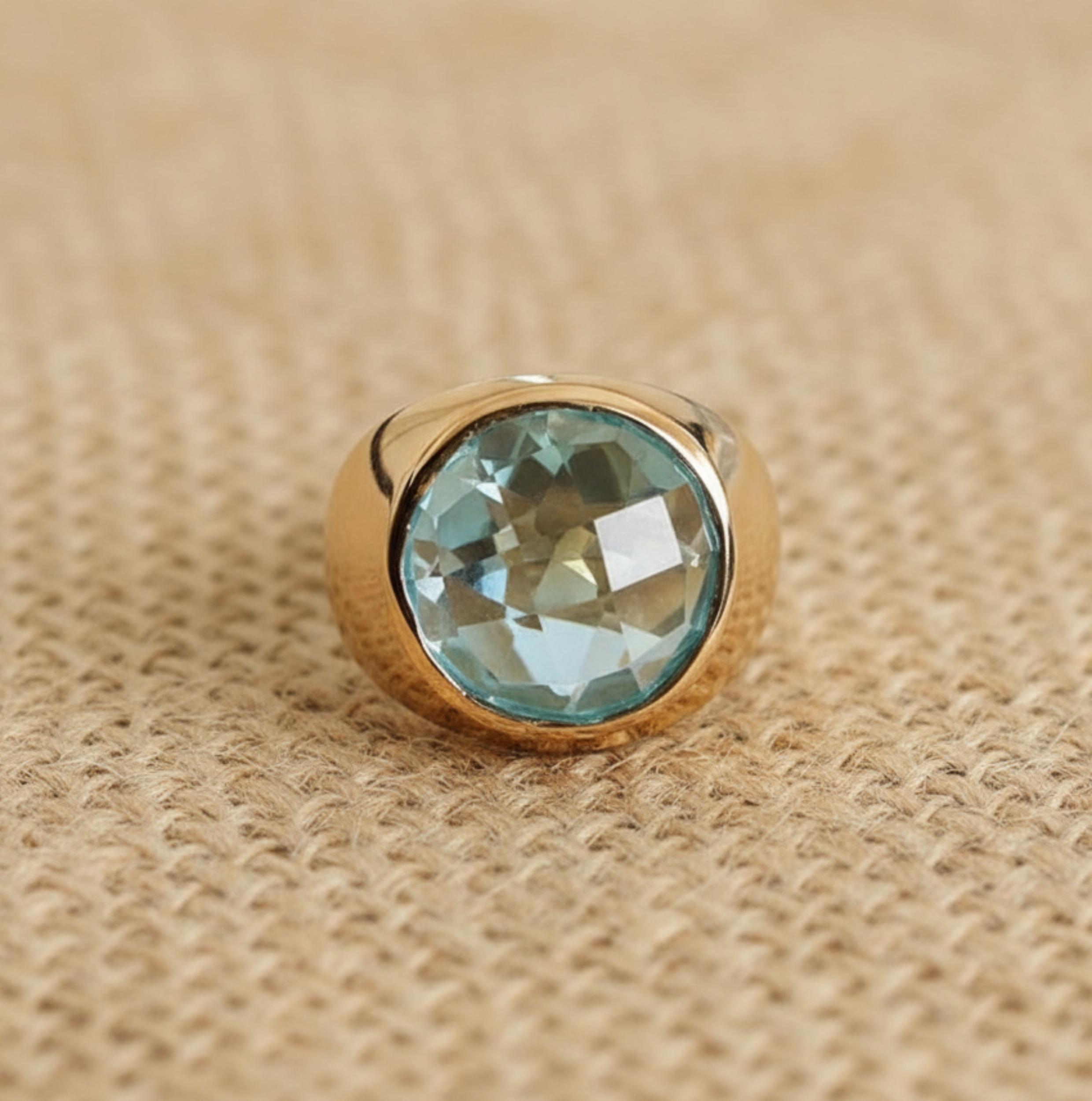Aquamarin Siegelring, 925 massives Sterlingsilber, Ring mit rundem Brillanten, Unisex, auffälliger Ring, handgefertigter Schmuck 9 gelb/gold