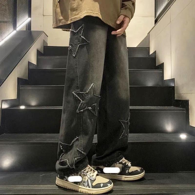 Damen Herren Y2K Kleidung Star Baggy Jeans American Style High Street Stickerei Hosen Koreanische Mode Kleidung Wischhose für Männer S schwarz