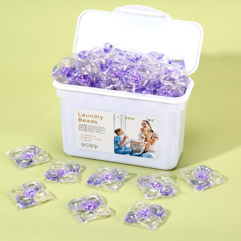 Fünf-in-Eins Waschmittel-Pods: Lang anhaltender Duft, Fleckenentfernung, Weichspülen und konzentrierte Waschmittelperlen. Lavender 50pcs Boxed