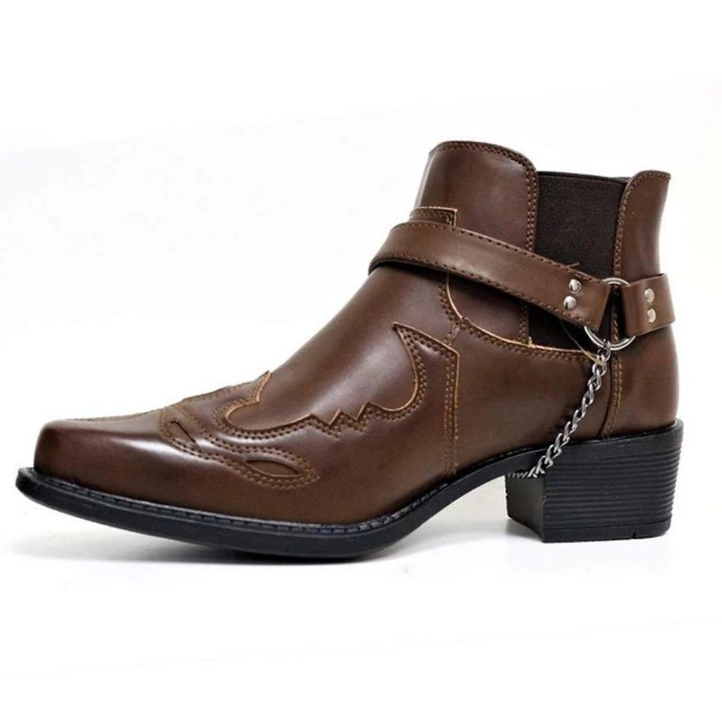 Trendy neue kurze Stiefel für den Herbst Herrenmode Retro Cowboystiefel Leder High Top Kettenschnalle Schuhe Spitzschuh rutschfeste Stiefel 46 kaffeebraun