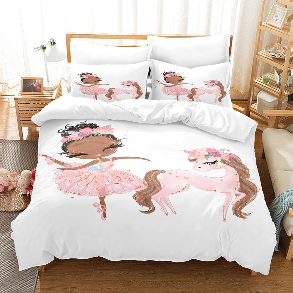 3D-Ballett-Mädchen-Bettwäsche-Set, Cartoon-Mädchen-Tanz-Steppdecke und Kissenbezug, 2/3 Stück, AU140 x 210, Einzel-/Doppelbett, Urlaubsgeschenk, Mädchenzimmer, weiche Heimtextilien DE 135x200cm