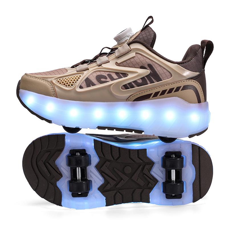 Sommer Heelys Schuhe Mädchen Mesh Atmungsaktiv Rollschuhe Studentinnen Vierrad Wiederaufladbar LED Sportschuhe Jungen Leuchtende Sportschuhe 36 khaki/braun