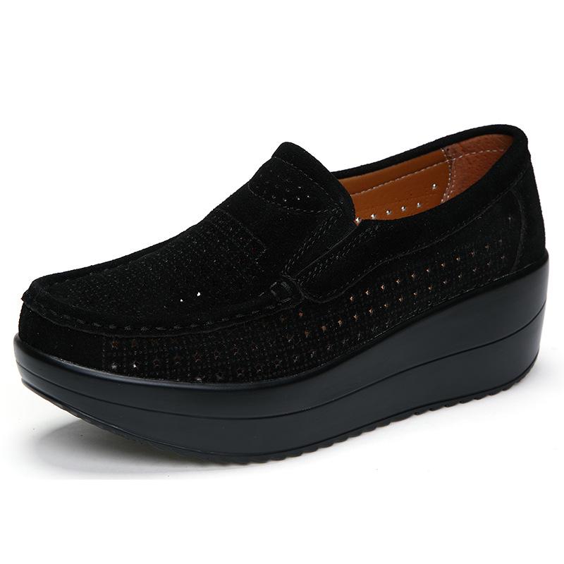 Damenschuhe, modische Keilabsatzschuhe aus weichem Leder, Freizeitschuhe mit ausgehöhlten, atmungsaktiven High Heels, Plateauschuhe, Slip-on-Damenschuhe 37 schwarz