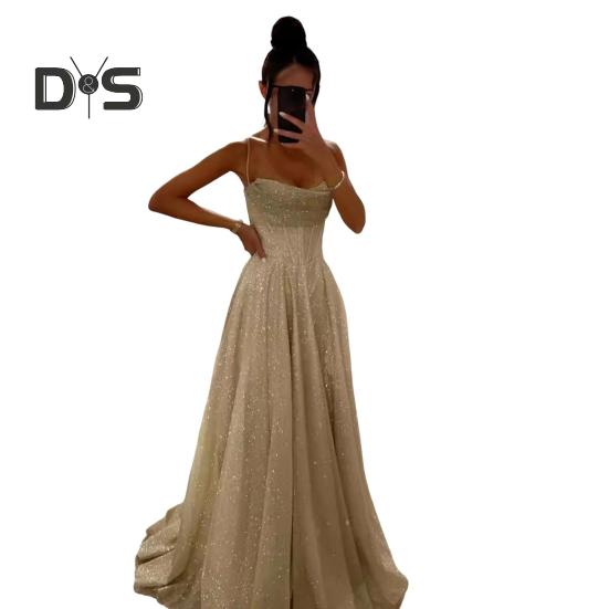 Brautkleid, Hochzeitskleid, Abschlussball, Party, Abendkleid, rückenfrei, Spaghettiträger, Pailletten, ärmellos, A-Linie, bodenlang, Ballkleid, plissiert, tief ausgeschnittenes Cocktailkleid XL champagner