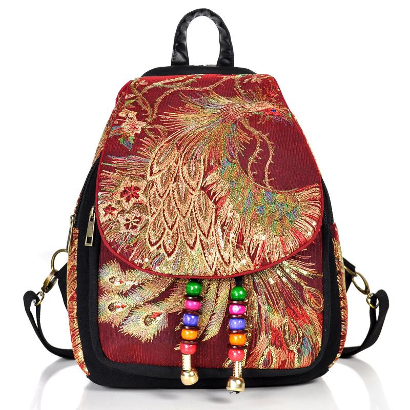 Yogodlns Mode Pailletten Rucksack Frauen Große Kapazität Rucksack Luxus Pfau Stickerei Rucksack Casual Lady Packs Reisetasche 26*12*36cm wein rot