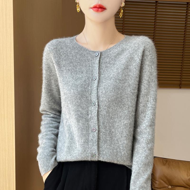 Damen Rundhals Strickjacke Qinghe Kaschmir 30% Kaschmir 70% Wolle Damen Herbst und Winter Kaschmir Strickjacke weich und warm XXL graue