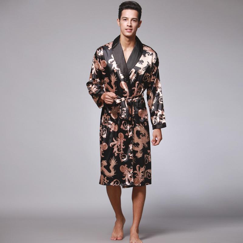 Frühling Männer Bademantel Kimono Roben V-ausschnitt Seide Männliche Nachtwäsche Nachtwäsche Mann Bademantel XXL schwarz
