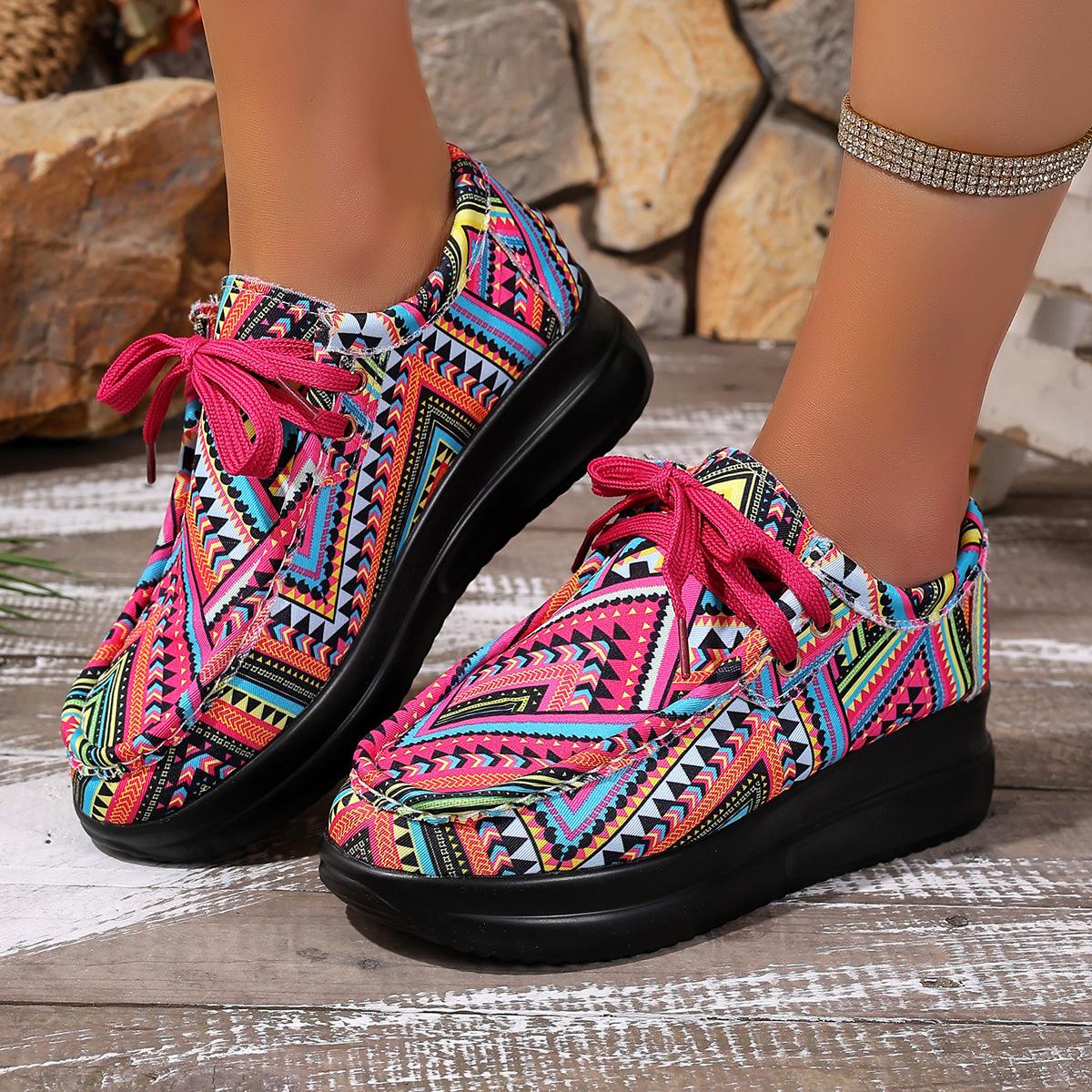 Mode Damen Sneaker Herbst Neu Lässige Alltagssneaker Damen Ethnische Regenbogen Canvas Schuhe Runde Zehenpartie Mehrfarbig bedruckt Schnür-Sneaker 36 rot