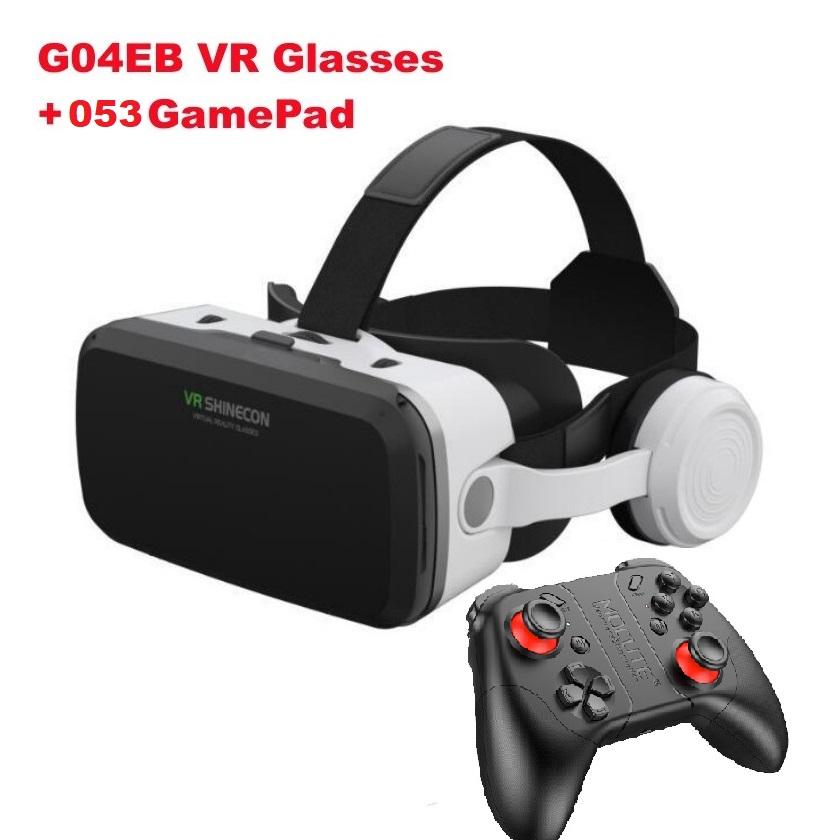 VR-Brille, 3D-Virtual-Reality-Brille, Stereo-Headset-Version für 5,5-7-Zoll-Mobiltelefone, unterstützt Joystick 【6】With 053 GamePad weiß/schwarz