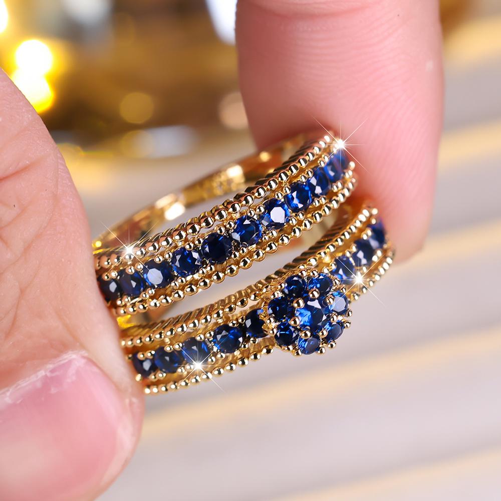 Modisches 2-teiliges Set mit blumenförmigen Zirkonia-Ringen für Frauen, luxuriöse, elegante Verlobungsringe, Party-Schmuckgeschenke 9 blau/gold