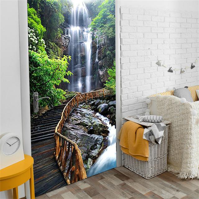 Green Forest Bridge Selbstklebende Türtapete 3D PVC Home Decor Aufkleber Strand Sonne Landschaft Poster Wandbild Wandtattoo deursticker 1