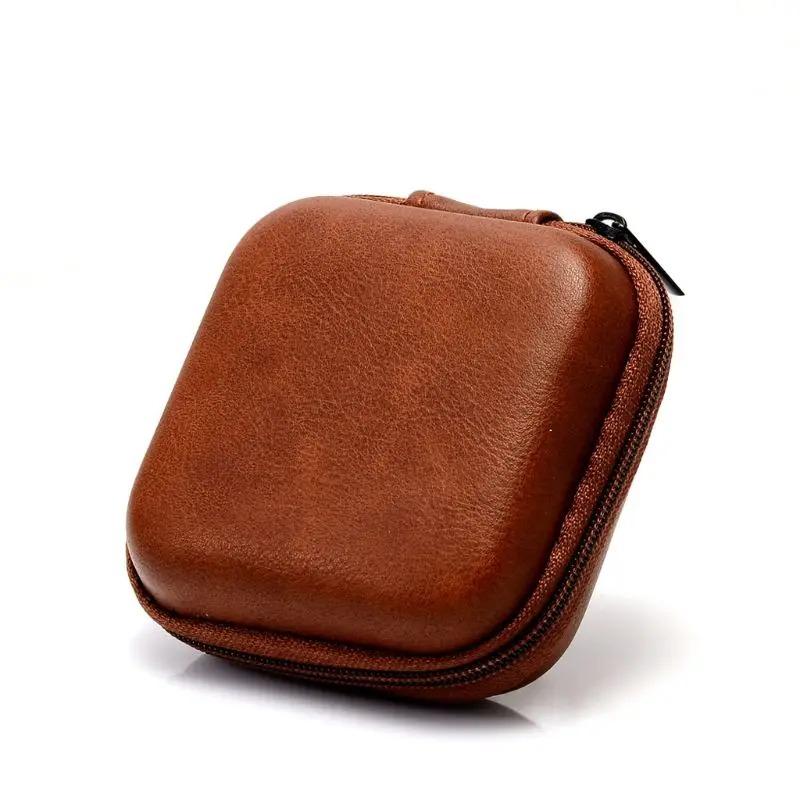 Aufbewahrungstasche für USB-Datenkabel, Leder, Kopfhörer-Headset-Abdeckung, Schutz, tragbarer Mini-Reißverschluss, Kopfhörer-Etui, Ohrhörer-Beutel braun