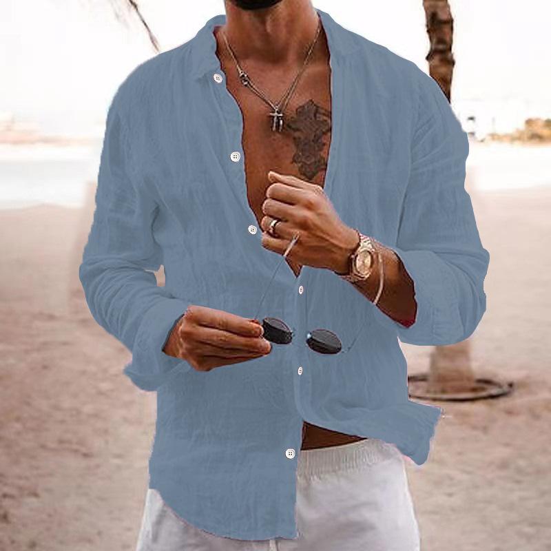 QICED Hemd Herren Einfarbig Locker Einreihig Revers Baumwolle Leinen Langarm Bluse Hemd S see-blaue