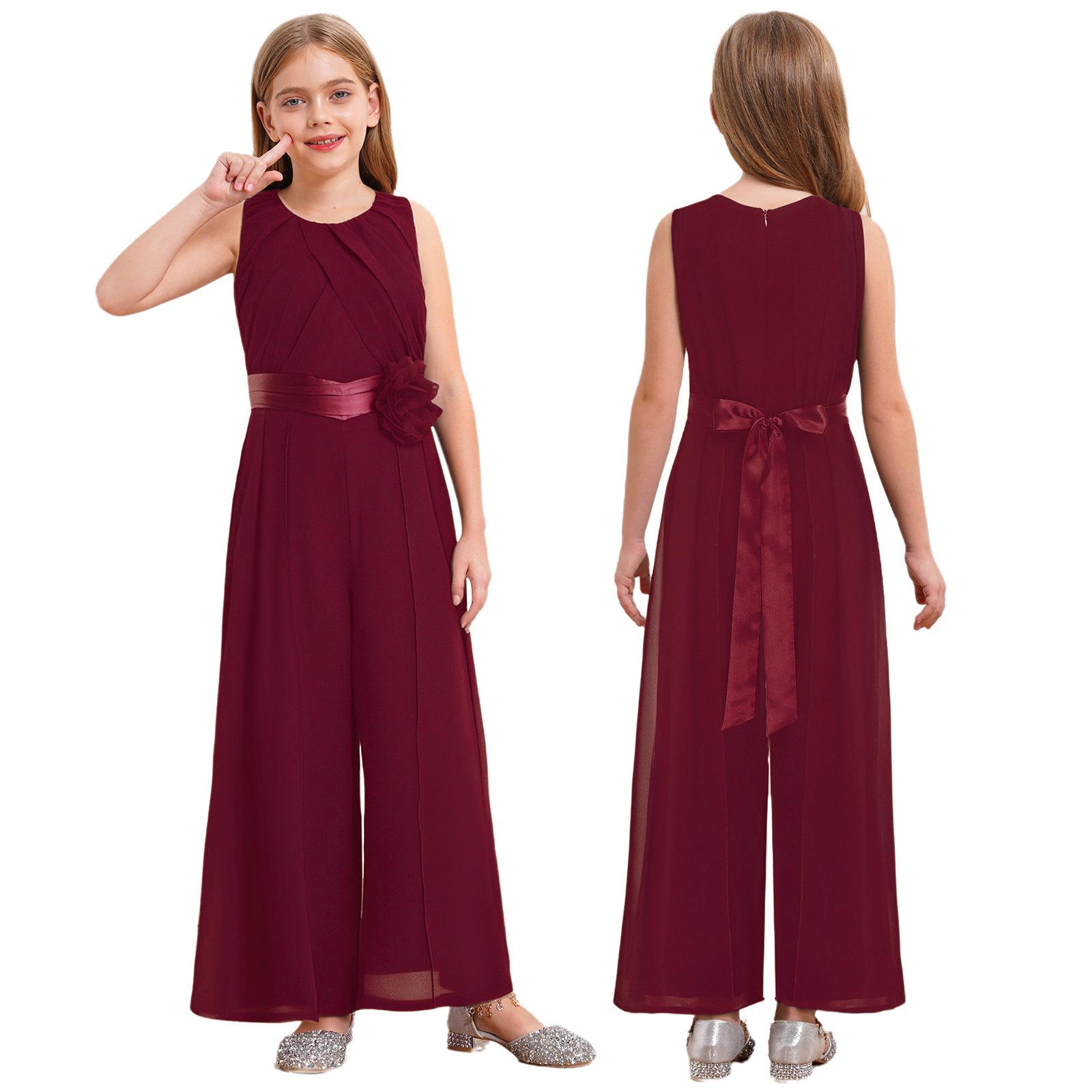 Kinder Mädchen Party Jumpsuit Einfarbige Runde Halslinie Ärmellos Hohe Taille Rüschen Chiffon Abnehmbare Blume Verziert Jumpsuit mit Gürtel für Hochzeit 13-14 Years bordeaux