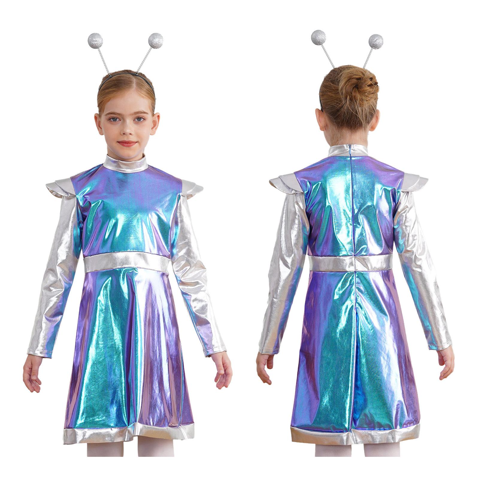 Alien Cosplay Kostüm für kleine Mädchen, Weltraum-Süßes Kostüm, metallisches Kleid mit Haarreif, Astronauten-Halloween-Party-Outfit 11-12 Years blau