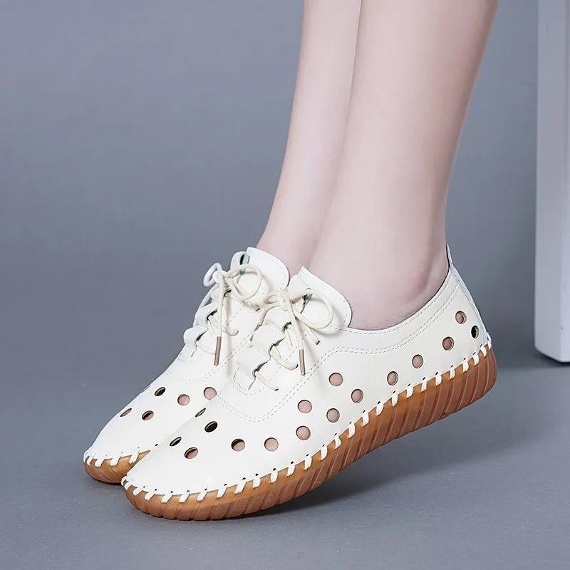 Weiche Leder Hohl Damen Schuhe Sommer Loch Sandalen Sehne Sohle Sandalen Flache Freizeitschuhe Weiche Sohle Mutter Sandalen 35 beige