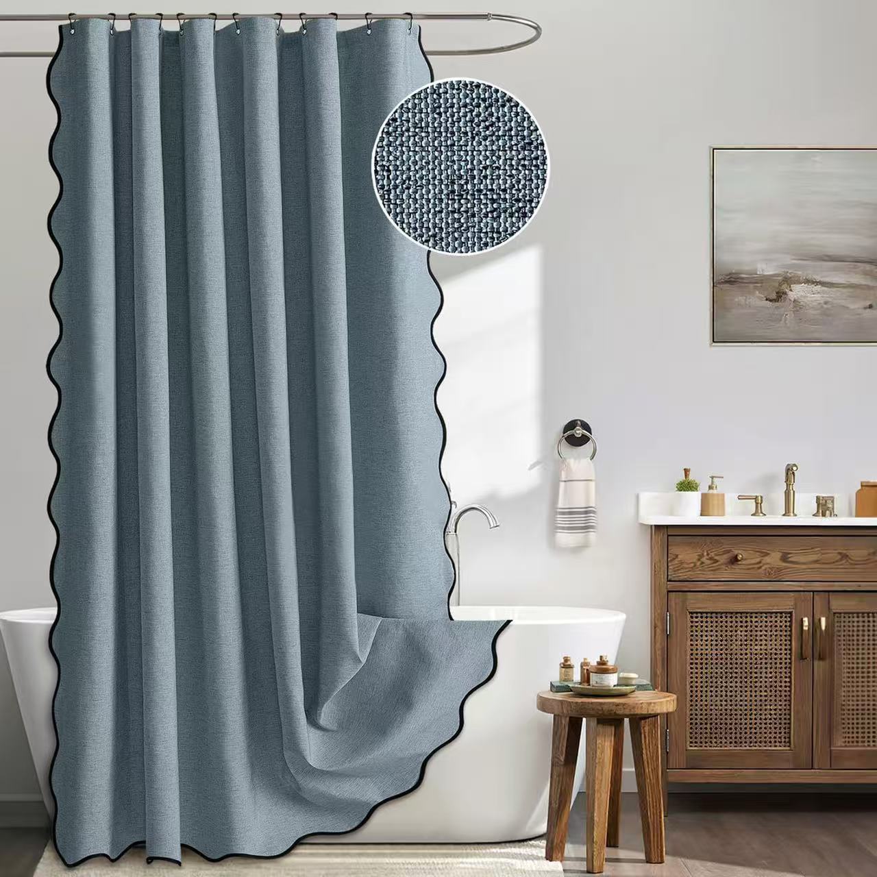 Faux Leinen Wellenkante Duschvorhang Wasserdicht Badezimmer Trennwand Sichtschutz Vorhang Duschvorhang Badewannen Dekoration 180*200cm blau