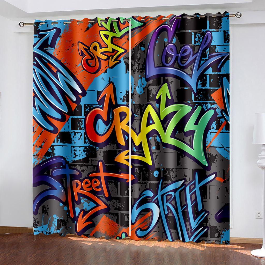 Stilvolle Bass Dünne Graffiti Fenster Vorhänge in Jugendzimmer Wohn Wohnbereich Flur Behandlungen Küchen Dekoration Vorhänge Rollos Rock Musik W50 X H130(CM)X2&Hook blue