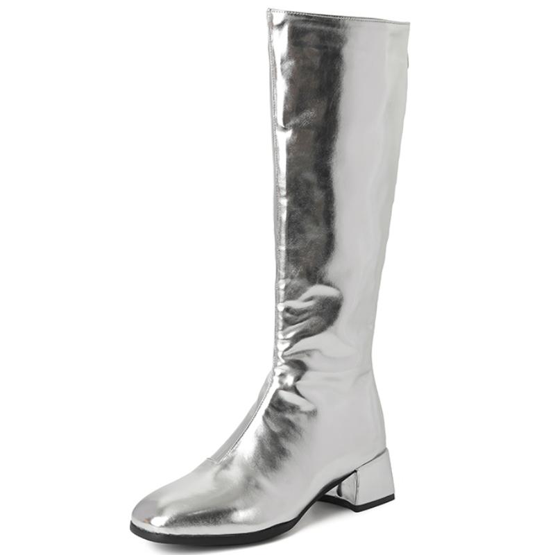 Damen Kniehohe Stiefel Winterschuhe 2024 Gold Silber Niedrig Absatz Lange Stiefel Damen Party Schuhe Schuhe Große Größe 45 Wasserdicht 34 silber