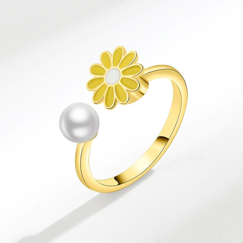 Emaille Gänseblümchen Blume Pflanze Angst Knöchelring Für Frauen Goldfarbenes Metall Kupfer Frei Drehbarer Ring Fidget Spinner Verstellbarer Ring resizable beige