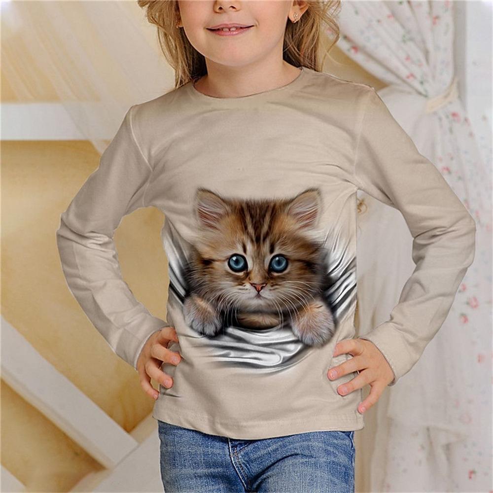 Kinderbekleidung Mädchen T-Shirts Langarm Lässig 3D Katzenaufdruck Kinder Frühling Herbst Kleidung Mode Oberteile Outdoor Jungen Mädchen Kleidung 110