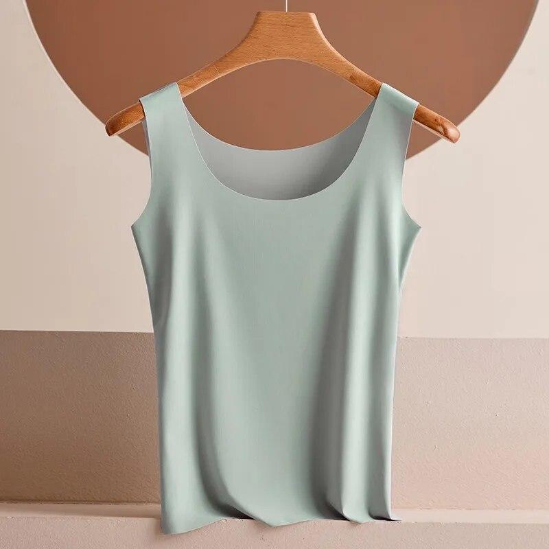 Sommer Dünne Nahtlose Eis Seide Tank Tops Frauen Slim Fit Ärmellose Bodenbildung Casual Tanks Camis Solide Büro Dame Westen Top 30755 XL grün