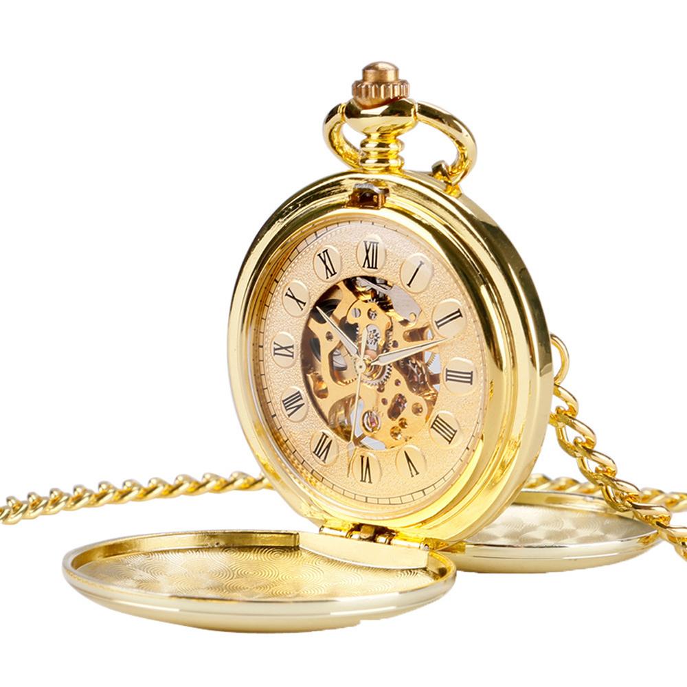 Klassische doppelseitige mechanische Taschenuhr mit Handaufzug, glatte Oberfläche, skelettiertes römisches Zifferblatt, Herren Damen mechanische Taschenuhr gold