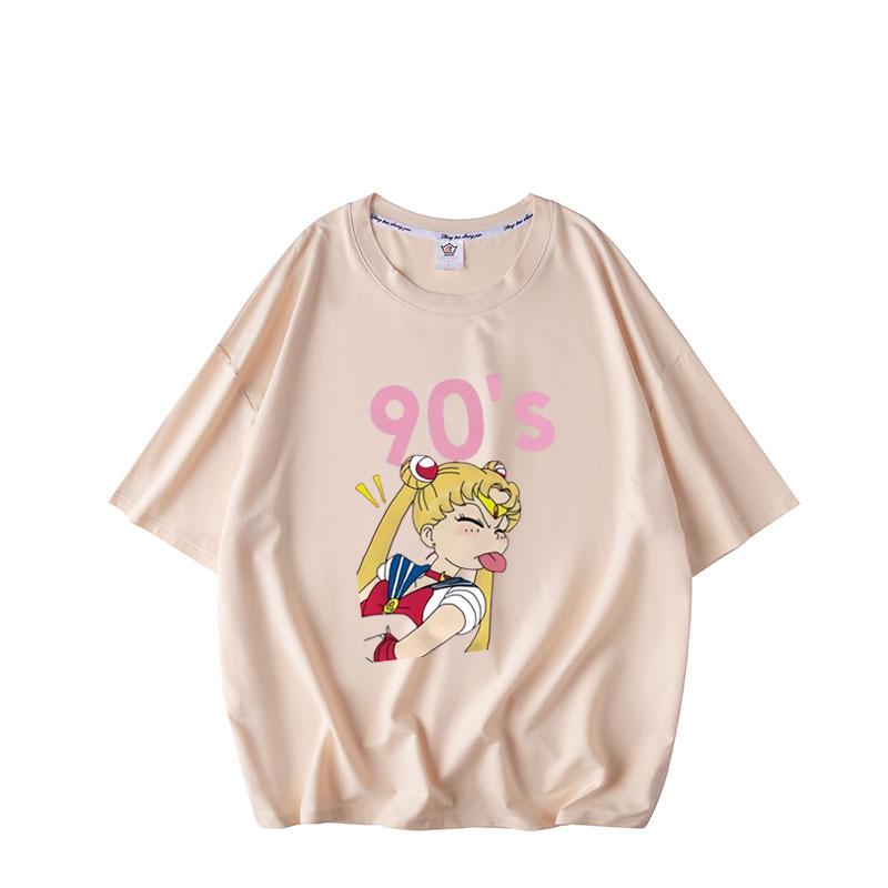 Kawaii Sailor Moon T-Shirt Damen Harajuku Ullzang Cartoon T-Shirt 90er Jahre niedlich bedrucktes T-Shirt Grunge S beige