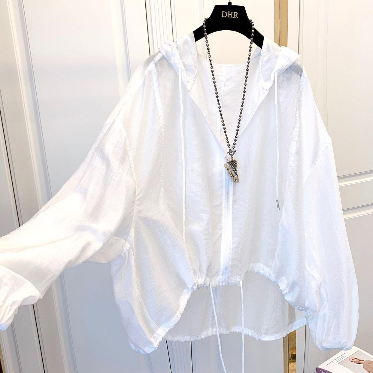 Jacken Damen mit Kapuze, Sommer, Sonnenschutz, Reißverschluss, Mäntel, dünn, locker, durchsichtig, Oberbekleidung, atmungsaktiv, leichte Kleidung, Schwarz XXXXL weiß