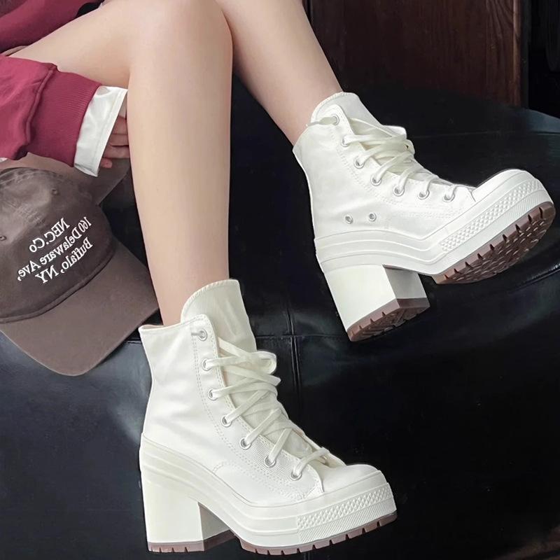 Damen Plateau-Sneakers Canvas-Schuhe Personalisierte Luxus-Heels Skateboard Schnürschuhe Casual Fashion Outdoor Sneakers 42 weiß