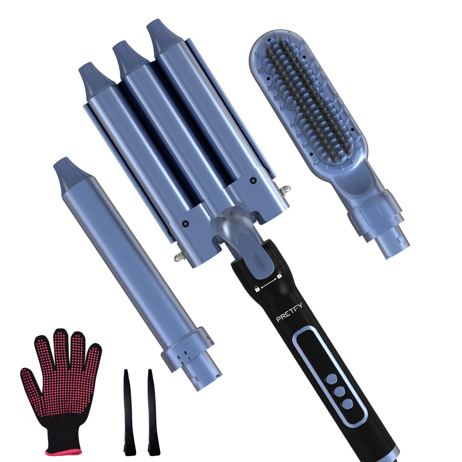Pretfy 3-IN-1 Lockenwickler Set Lockenstab Zauberstab Haar Waver Temperatur Einstellbar LCD Temp UK Plug blau