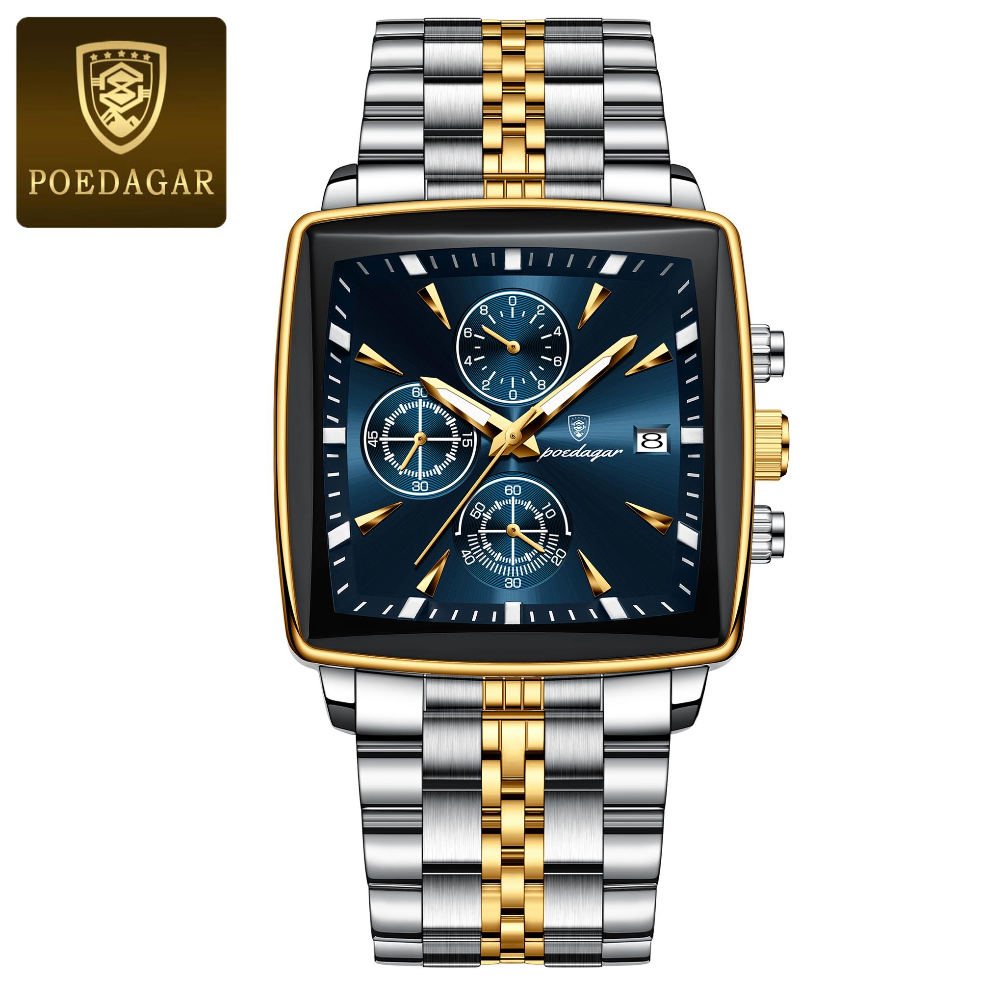 Quadratische Luxus-Quarz-Herrenuhren Relogio Masculino Kalender Wochentag männliche Armbanduhr Edelstahl Chronograph Uhr Relogio Masculino blau/gold