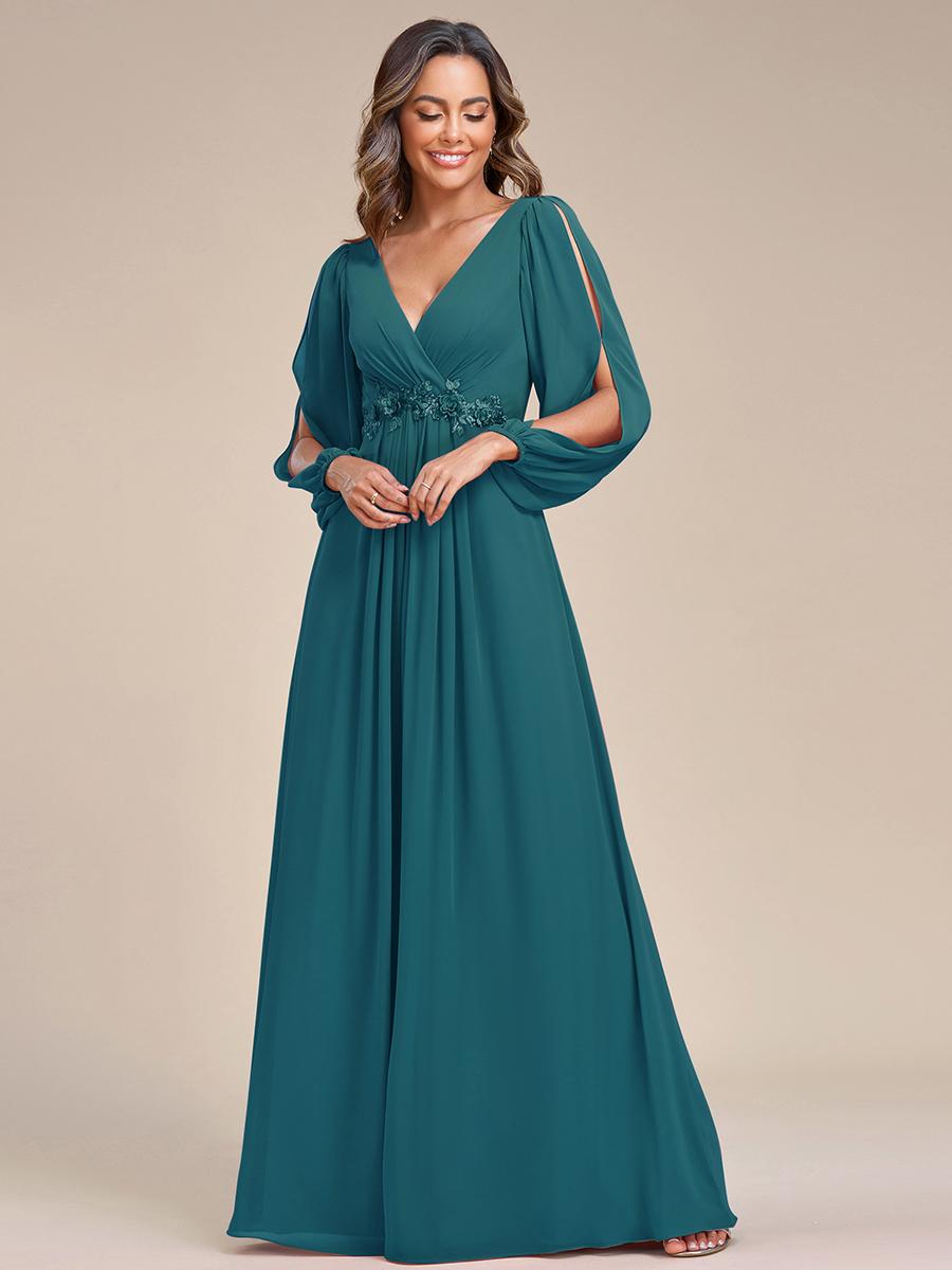 Ever-Pretty Damen Bodenlanges Abendkleid mit langen Laternenärmeln, Chiffon, tiefem V-Ausschnitt und Applikationen, Hochzeitsgastkleid 4XL kobaltblau