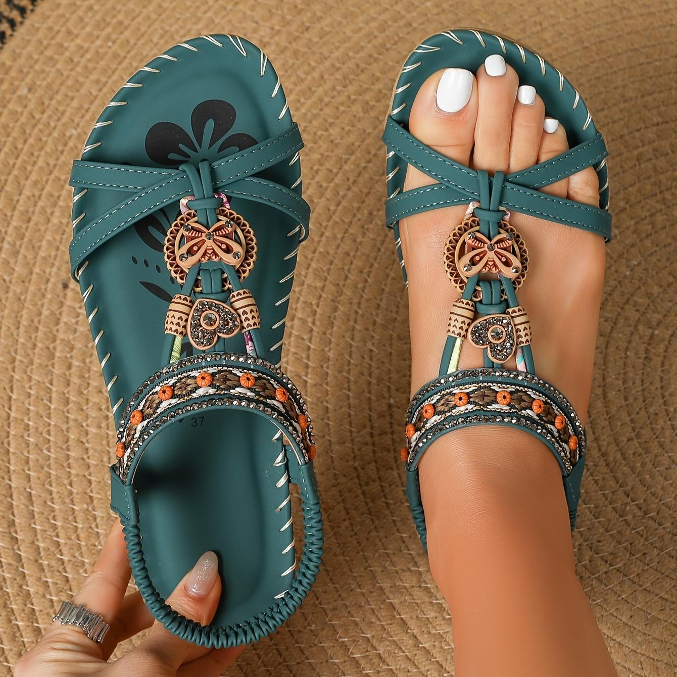 Damen Sandalen Bohemian Große Größe Blumen Strass Sandalen Offene Zehen Strandsandalen 42 grün