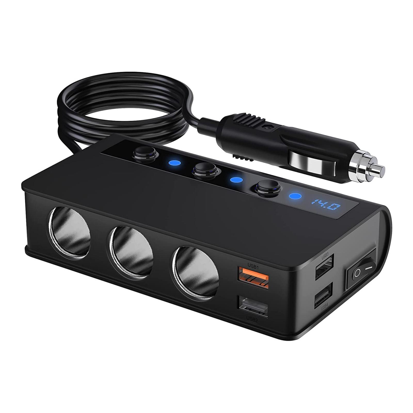 Auto-Steckdosen-Feuerzeug-Splitter, 180 W QC 3.0-Autoladegerät 12 V/24 V mit 3 Steckdosen, max. 6,6 A, 4-Port-Schnelllade-USB, unabhängigen Schaltern und Spannungsanzeige 12.7x7.62x3.05cm schwarz