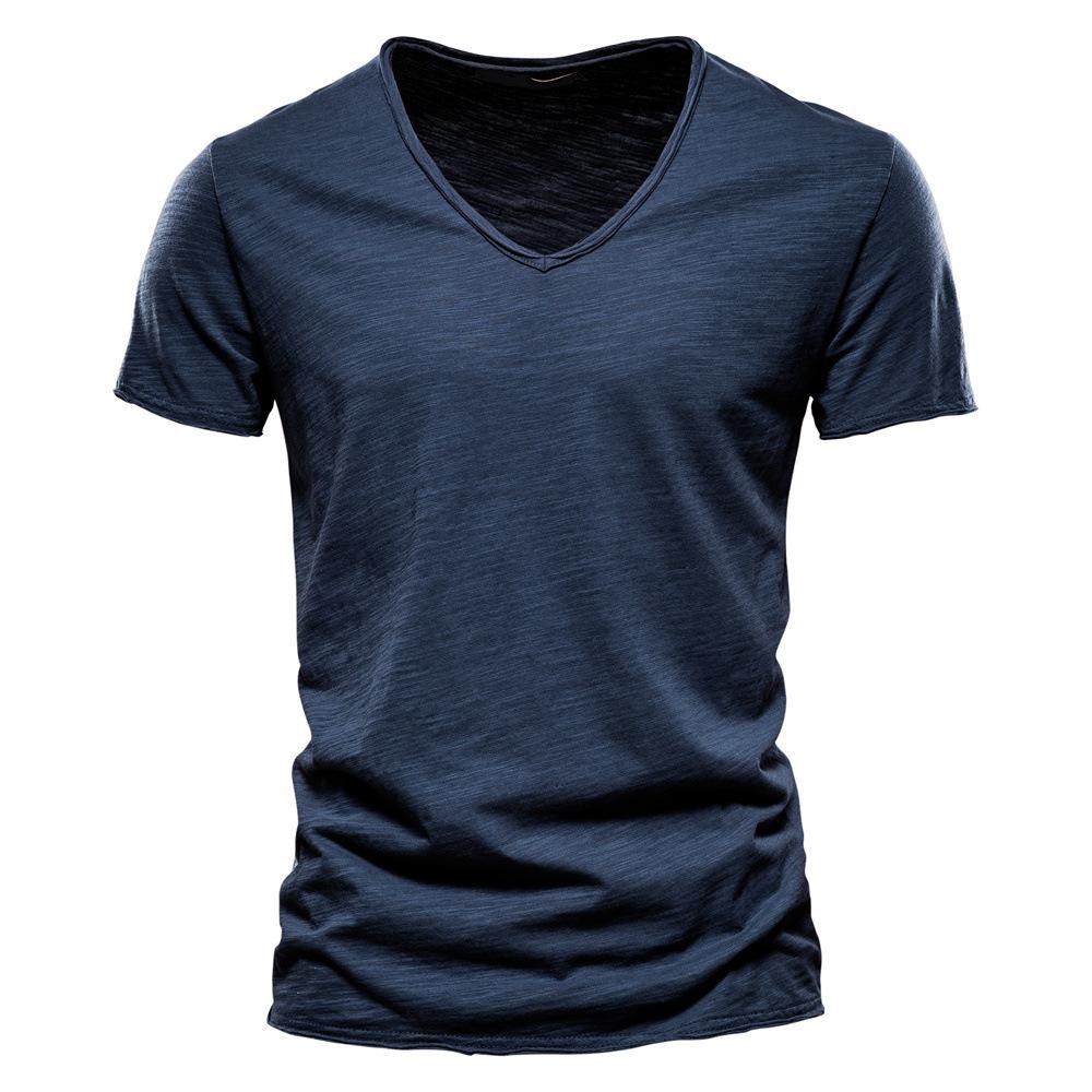Herren Sommer Einfarbig V-Ausschnitt Kurzarm T-Shirt Baumwolle Oberteil Europäischer und Amerikanischer Stil Herrenmode XL navy blau