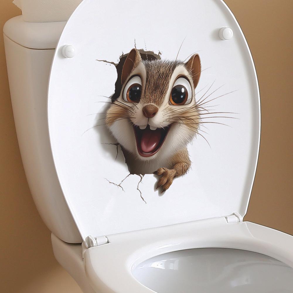 Cartoon Süßes Eichhörnchen mit großen Augen Versteckspiel Toilettensitz-Aufkleber Badezimmer Deko Abnehmbare Wasserdichte Aufkleber 29x29CM bunt
