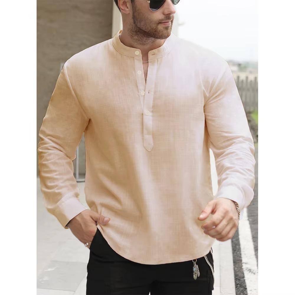 Hochwertige weiße Baumwollleinen Henley-Shirts für Herren Leicht Langärmlig Lässig Streetwear Alltagskleidung US L 70-80 KG khaki